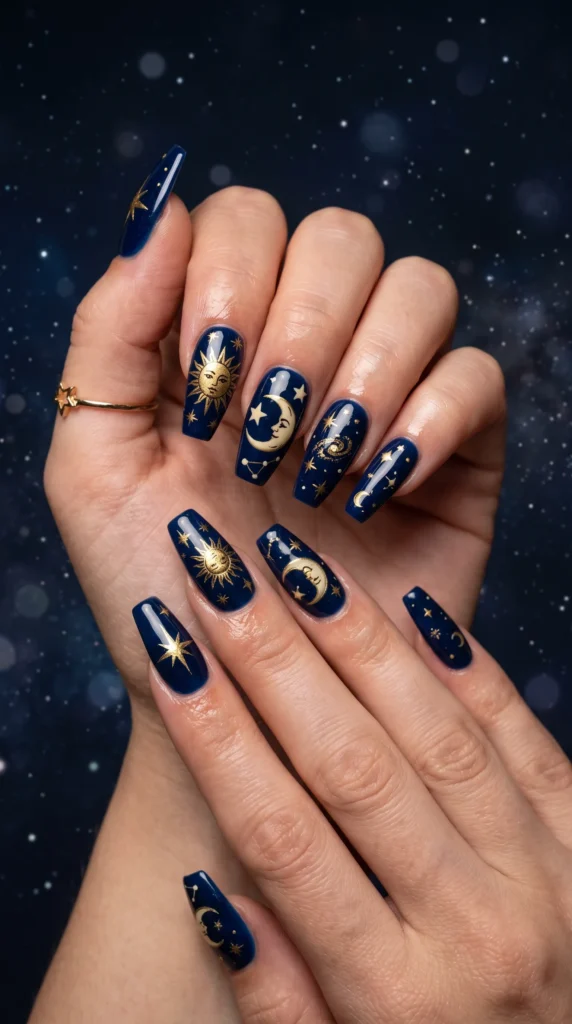 A person with blue nail polish and a sun and moon design on their nails.