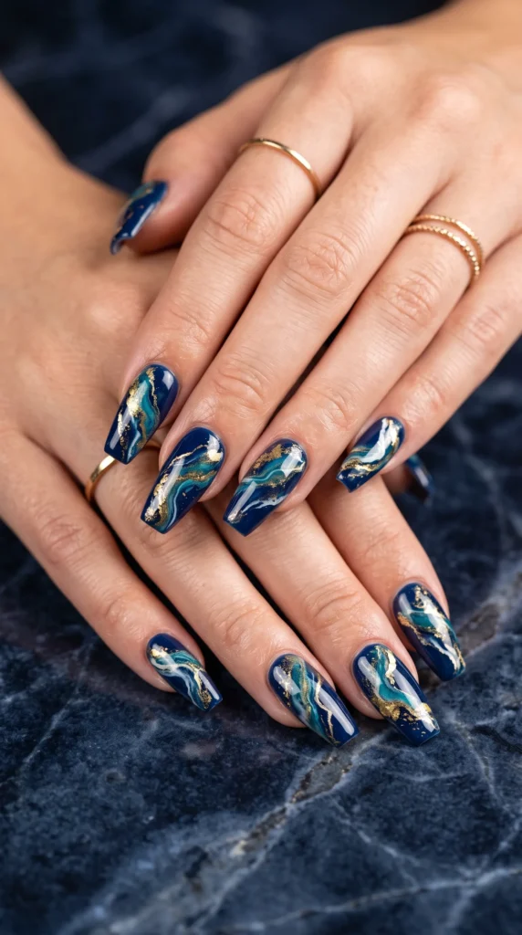 A woman's hand with blue and gold nail polish.
