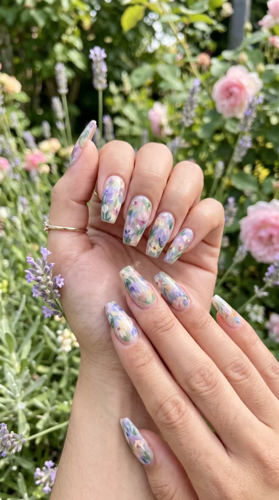 A woman with purple and white nail polish.