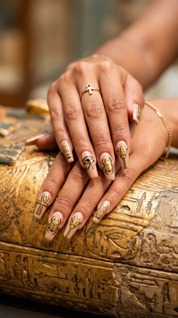 A woman with a gold ring on her finger has a tattoo of an eye on her nail.