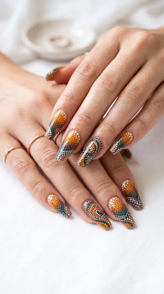 A person with painted nails and a gold ring on their finger.
