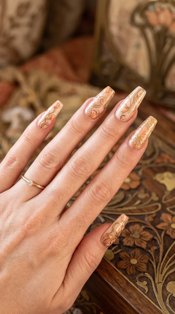 A woman with a ring on her finger has painted her nails with a gold and orange design.