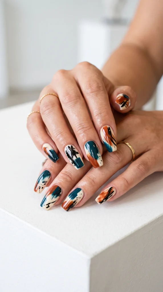 A woman with blue, orange, and white nail polish.