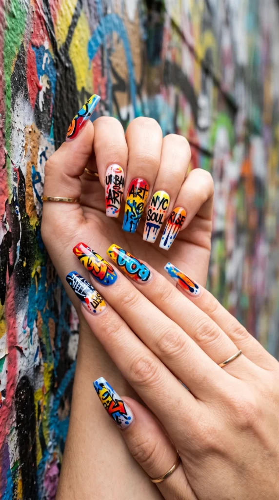 A person with a tattoo on their finger holding a hand with a colorful nail polish.
