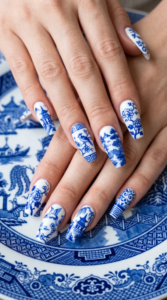 A person with blue and white nails.