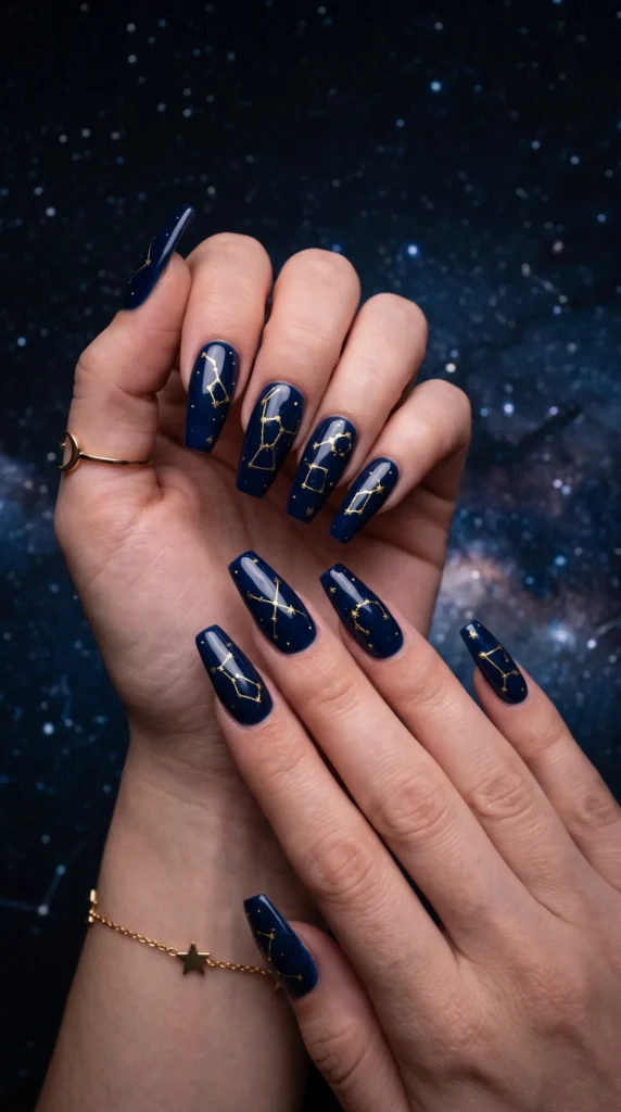 A person's hand with blue nail polish and gold stars.