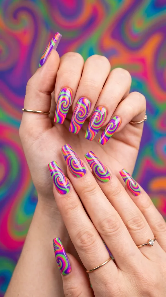 A person with colorful nails holding their hand up.