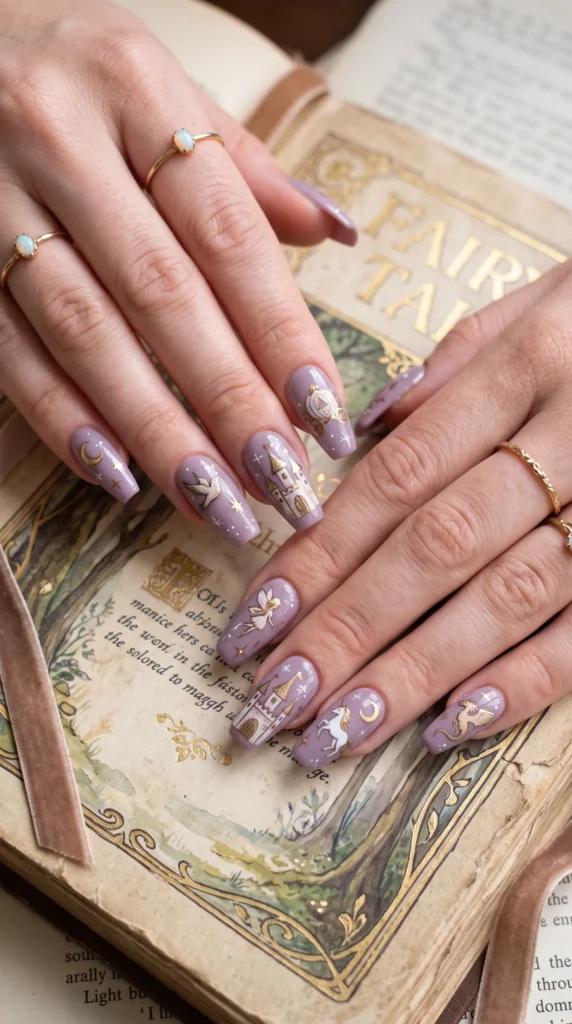 A woman with purple nail polish and a ring on her finger.