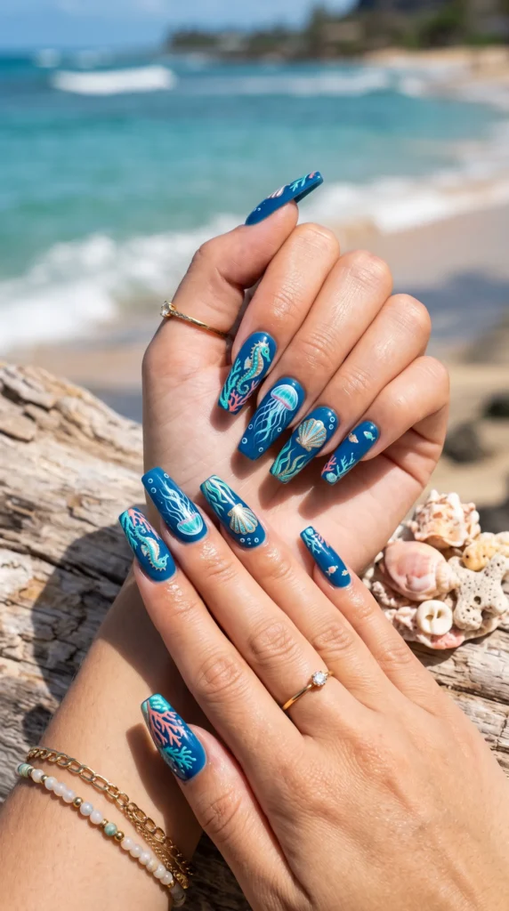 A woman with blue nail polish and a ring on her finger.