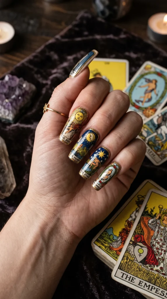 A woman with a tattoo of a sun on her nail.