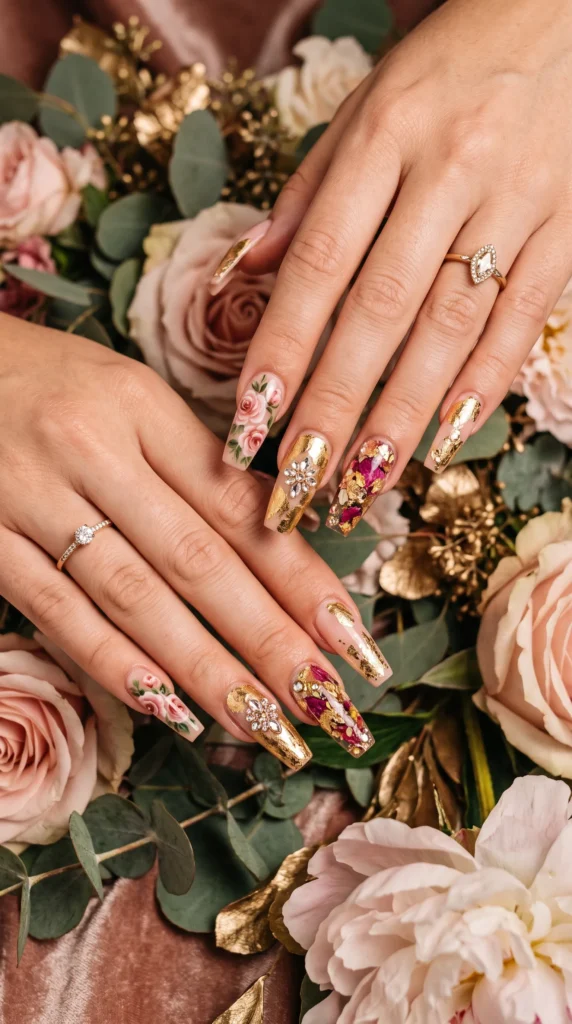 A woman with gold nail polish and a ring on her finger.