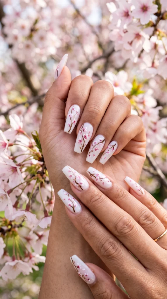 A woman with pink and white nail polish on her fingers.