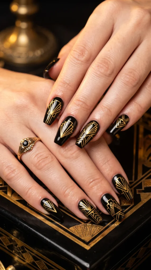 A woman with black and gold nail polish on her fingers.