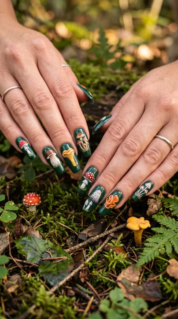 A woman with green nail polish and a mushroom on her nails.