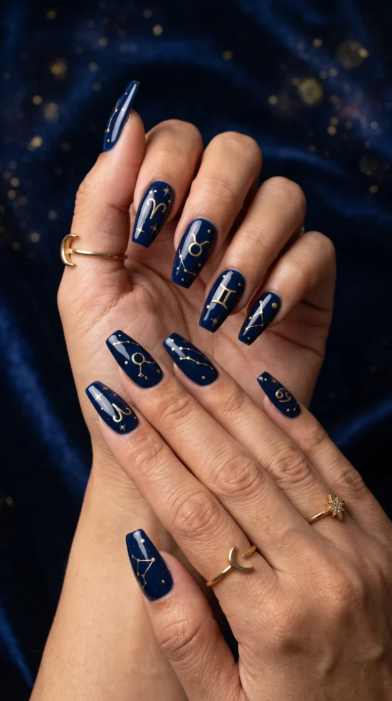 A woman with blue nail polish and a gold ring on her finger.