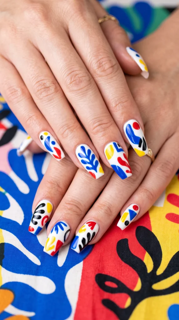 A person's hand with a colorful painted nail.