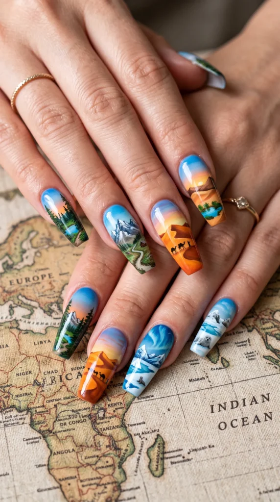 A woman's fingernails are painted with a mountain scene.