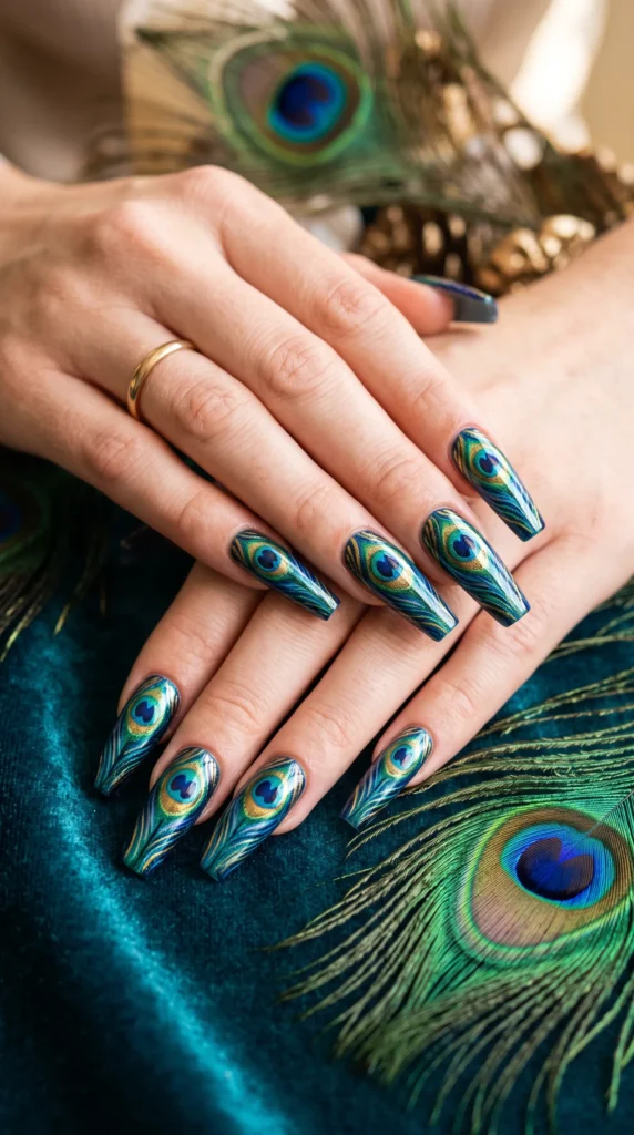 A woman with blue painted nails and a peacock feather design on her fingernails.