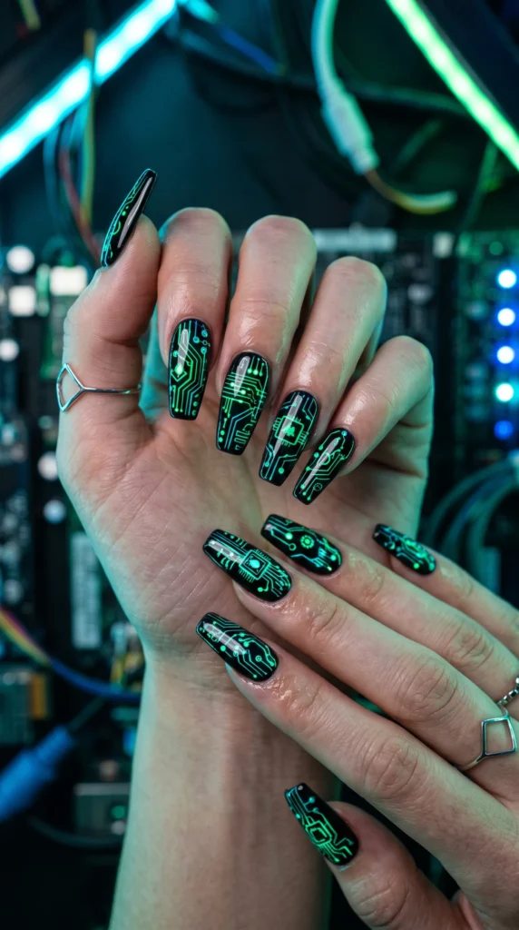 A person with a green nail polish design on their fingernails.