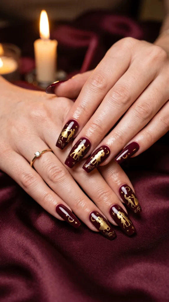 A woman with a ring on her finger and red nail polish on her fingernails.