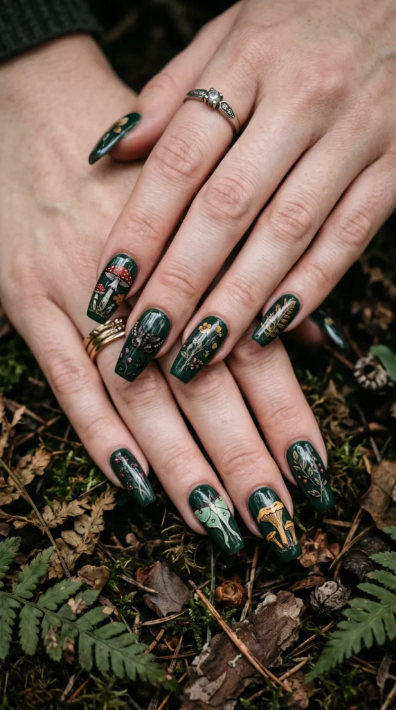 A person with green nail polish and a ring on their finger.