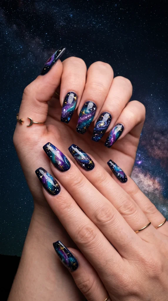 A person's hand holding a nail with a blue and purple design.