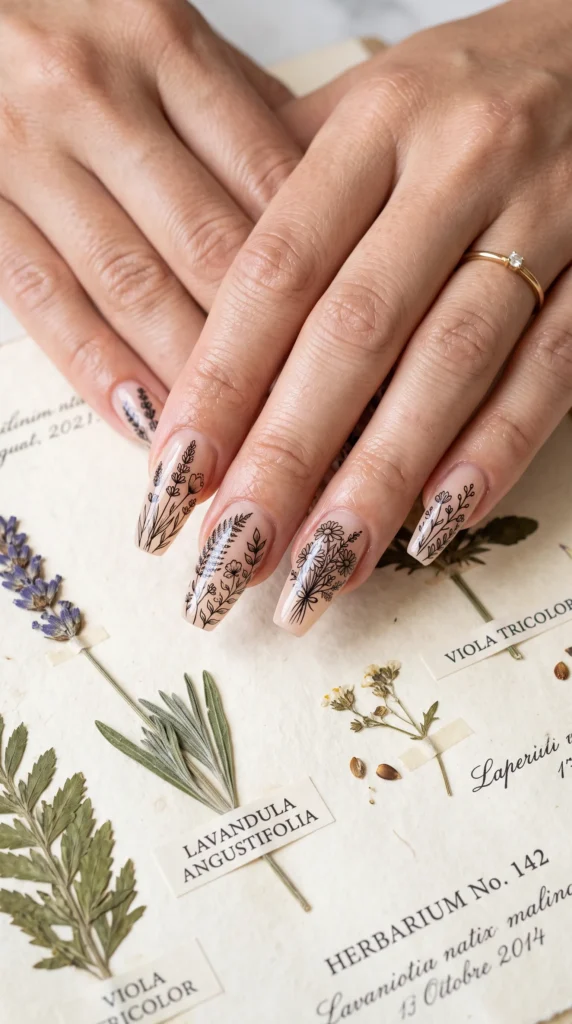 A woman's nails are painted with a design of leaves and flowers.