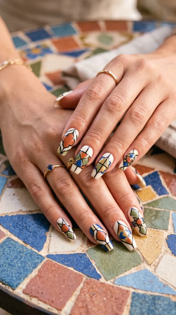 A woman with painted nails and a ring on her finger.