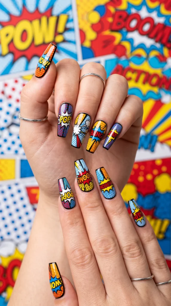 A person with a manicure that includes the word "Action" on their nails.