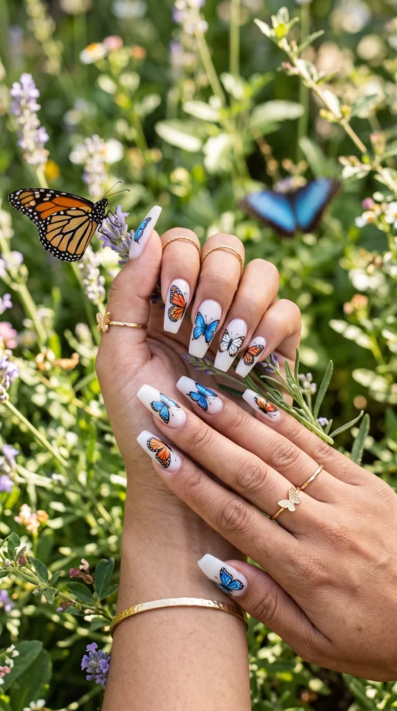 A woman with painted nails holding a butterfly.