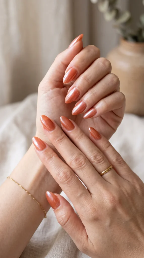 A woman with orange nail polish on her fingers.