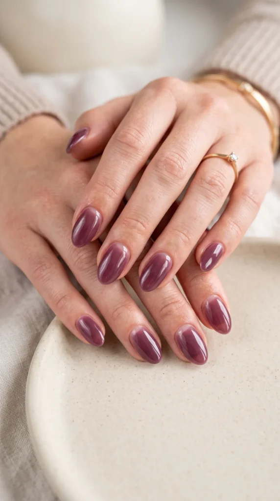 A woman with purple nail polish on her fingers.