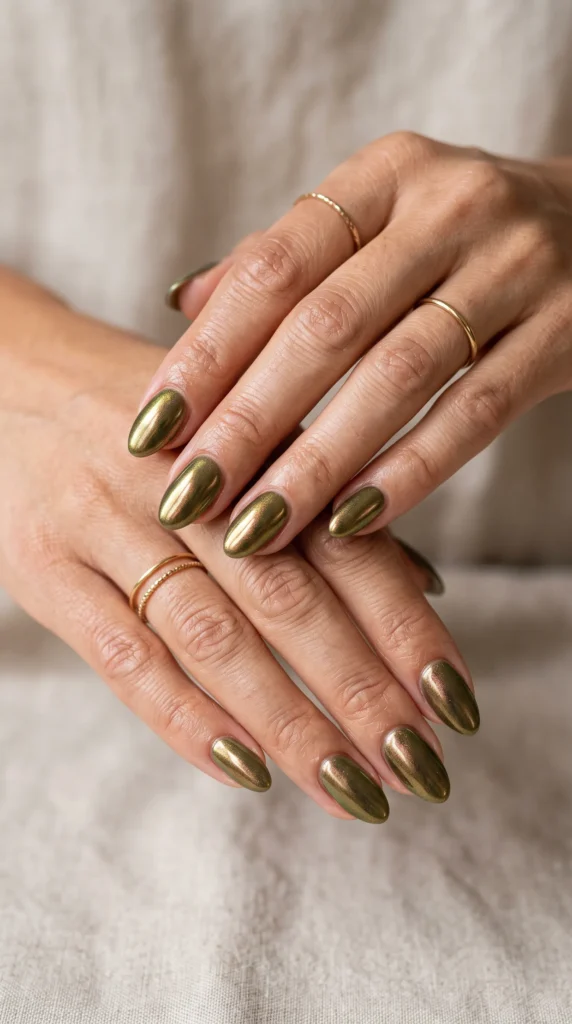 A woman with gold nail polish on her fingers.