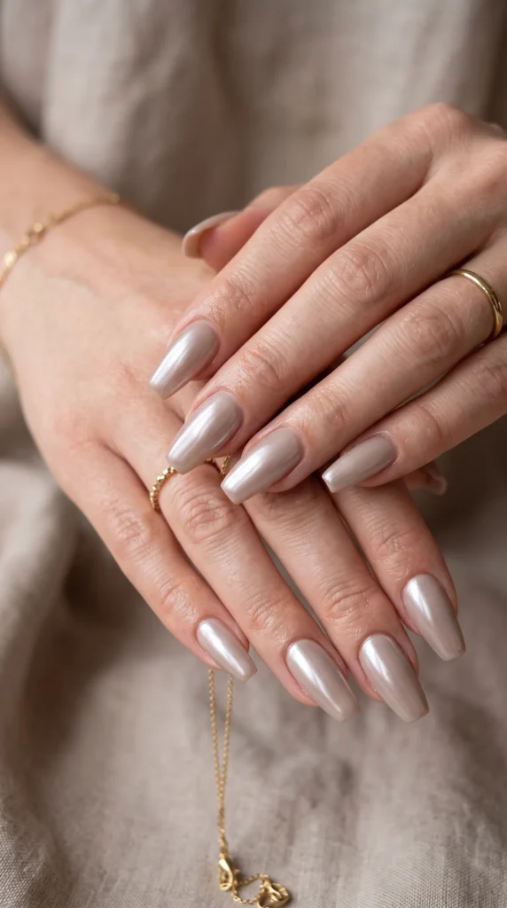 A woman with a gold ring on her finger has her hands crossed.