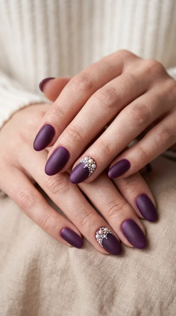 A woman with purple nails and a ring on her finger.