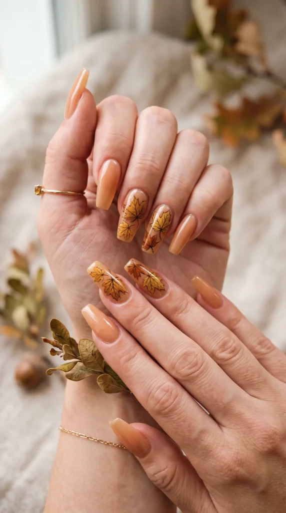 A woman with a manicured nail holding a leaf shaped nail.