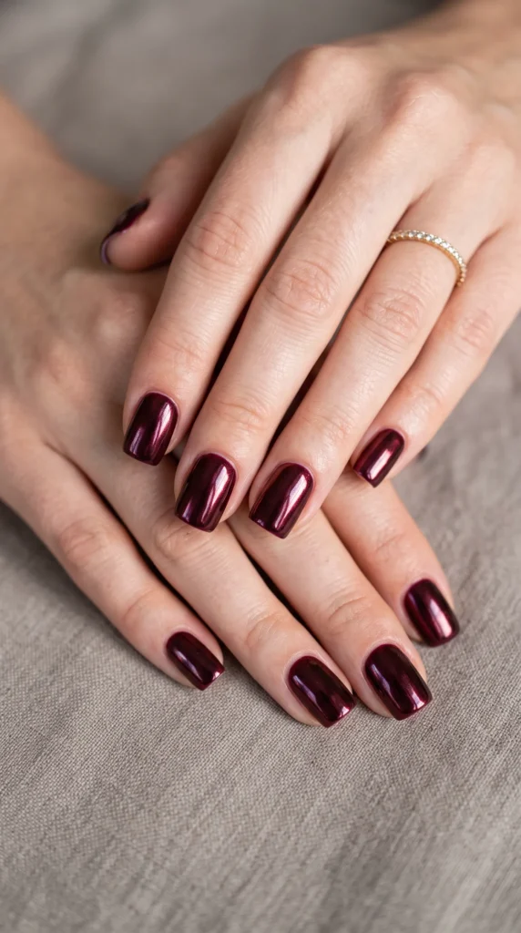 A woman's hand with a burgundy nail polish.