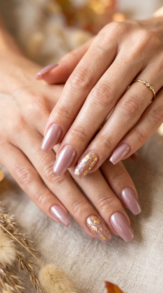 A person's hand with pink nail polish and gold accents.