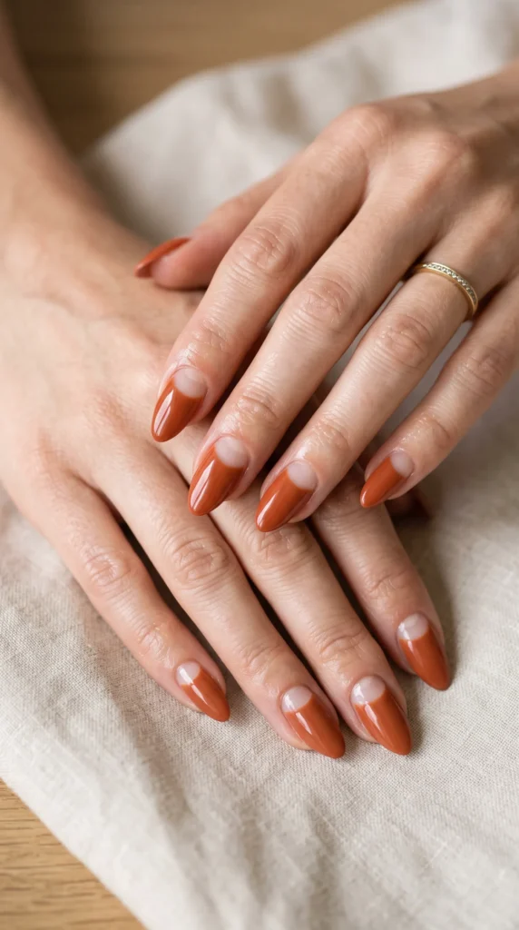 A woman with orange nail polish on her fingernails.