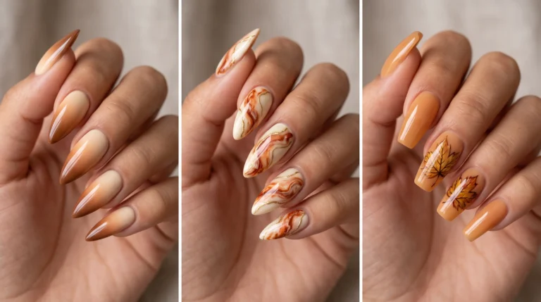 A woman with painted nails in three different colors.