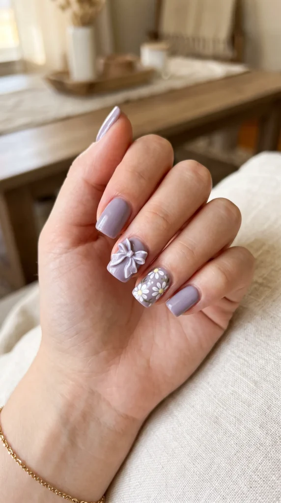 A woman with purple nail polish and a flower design on her nails.