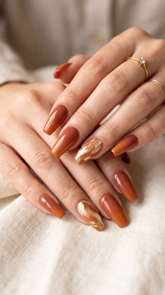 A woman with orange nail polish on her fingers.