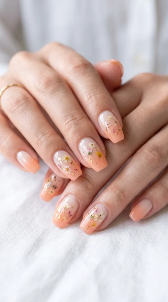 A person's hand with a pink nail polish with yellow flowers on it.