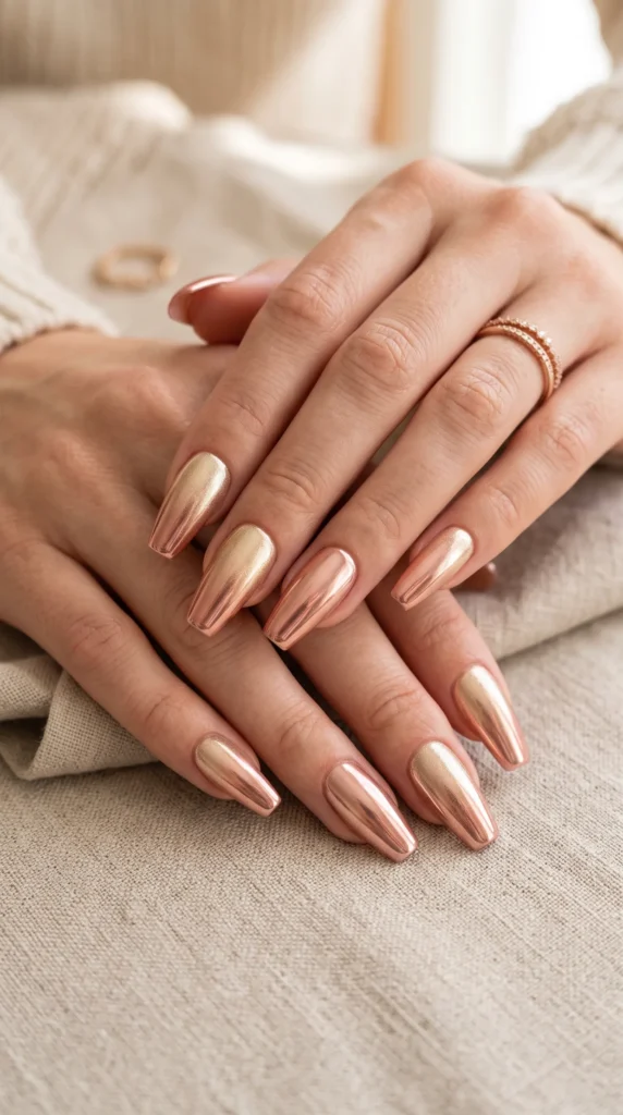 A woman's hand with a ring on the finger and a gold nail polish.