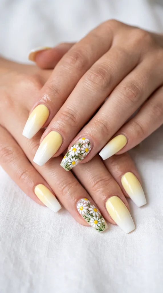 A woman's hands with yellow and white nail polish and a flower design.