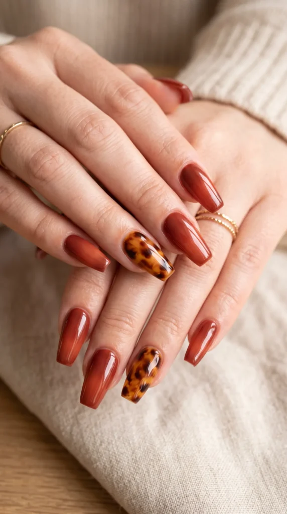 A person with a ring on their finger is wearing a manicure with a leopard print design.