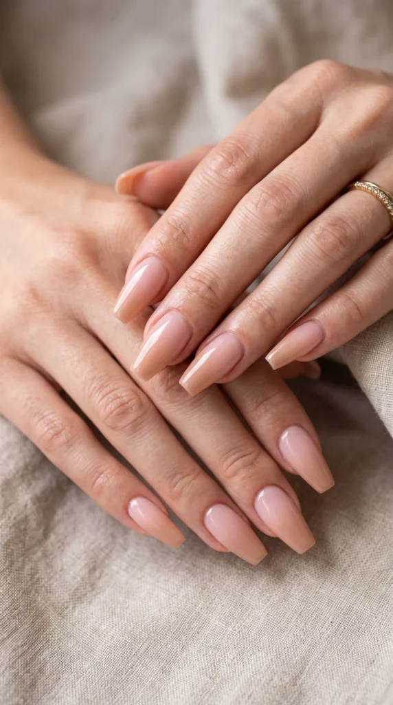 A woman's hand with pink nail polish.