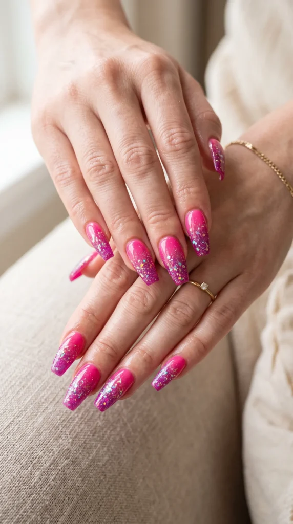 A person with pink nails and a ring on their finger.