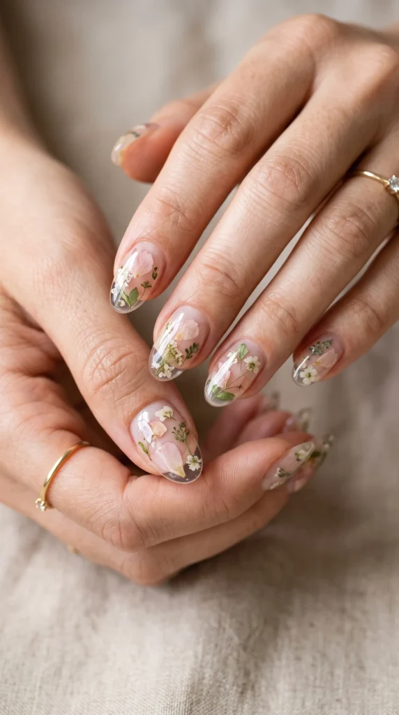 A woman with painted nails and a ring on her finger.