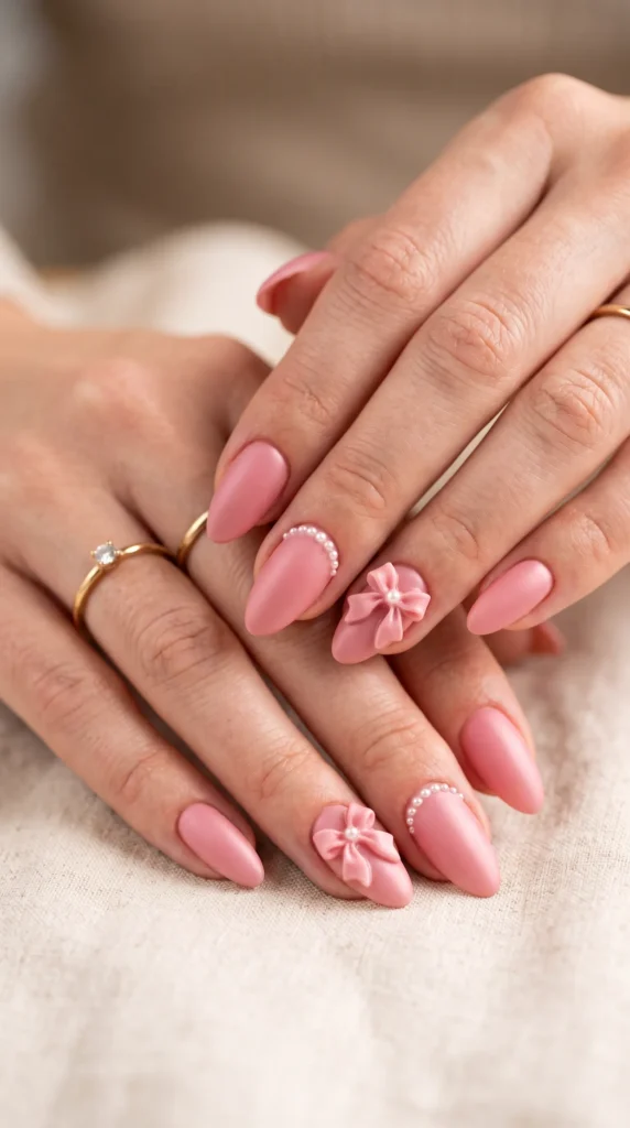 A person with pink nails and a ring on their finger.